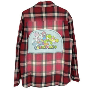 Nintendo Super Mario Flannel Shirt Mens Large XL Retro Handmade Upcycled Red